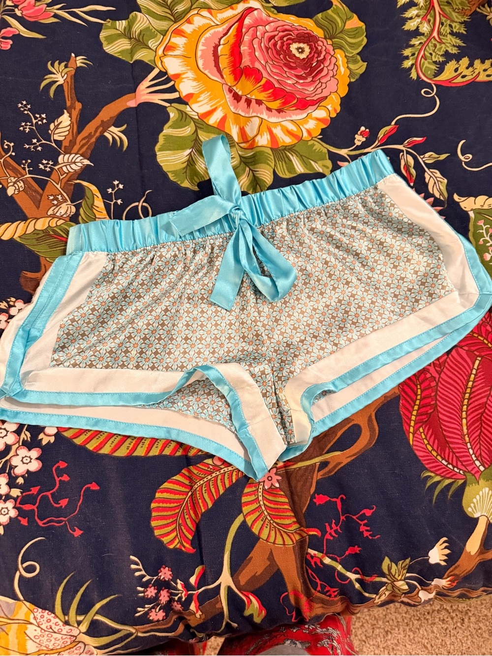 Victoria's Secret Blue and White Satin-Trim Daisy Sleep Shorts